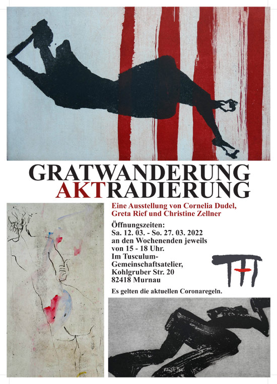 Plakat zur Ausstellung von Greta Rief, Christine Zellner und Cornelia Dudel im Tusculum Murnau